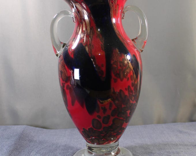 Featured listing image: Murano-Style Red Art Glass Vase w/ Cobalt Blue & Copper Aventurine—Hand-Blown Italian Double-Handle Vase 11.25”