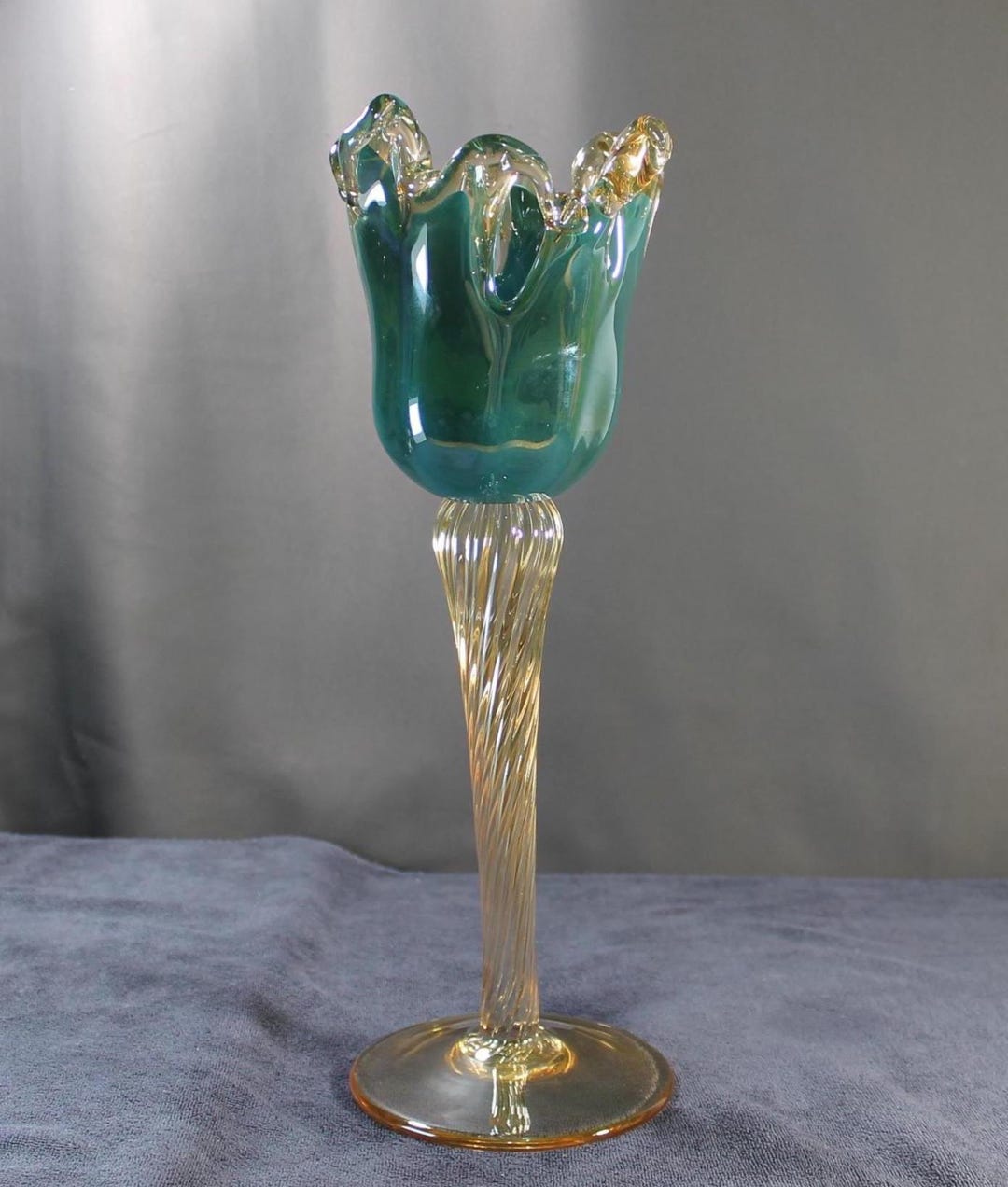 Murano Art Glass Vase / Pillar Candle Holder Teal Gold Twisted Stem ...