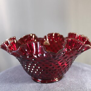 Vintage Fenton Ruby Red Hobnail Double-Crimped Bowl, 9-Inch Ruffled Art Glass Original Label