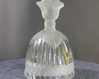 Goebel Crystal Bell Happy Anniversary Frosted Rose Clear Glass West Germany 5.5"