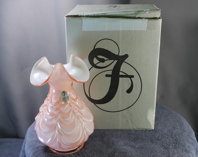 Featured listing image: Fenton Pink Satin Glass Vase w/ White Cased Rim – Ruffled Edge – Original Box – Hand Blown