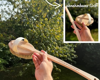 Personalisierbare Badebürste, Buchenholz, abnehmbarer Griff, 47cm, mit Handschlaufe, nachhaltige Naturfaser