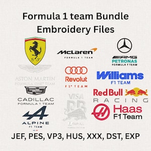 Op de afbeelding: Een verzameling Formule 1-teamlogo's, waaronder Ferrari, McLaren en Red Bull, weergegeven op een lichte achtergrond. De tekst "Formula 1 team Bundle Embroidery Files" staat bovenaan. De afbeelding bevat ook bestandstype-afkortingen.