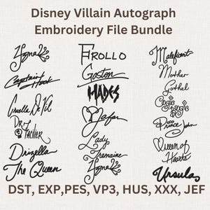 Puede incluir: Un paquete de archivos de bordado digital con aut&oacute;grafos de villanos de Disney. La imagen muestra varias firmas, incluidas las de Capit&aacute;n Garfio, Cruella De Vil y &Uacute;rsula, en una fuente negra. El texto "Disney Villain Autograph Embroidery File Bundle" est&aacute; en la parte superior.