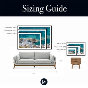 May include: Sizing guide for framed art prints with different sizes: Collector (42 inches by 60 inches), Oversized (36 inches by 51 inches), Giant (30 inches by 42 inches), Large (24 inches by 33 inches), Medium (18 inches by 24 inches), and Small (14 inches by 18 inches).