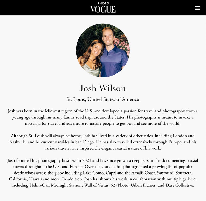 May include: A portrait of Josh Wilson, a photographer from St. Louis, Missouri. He is pictured with a woman in front of a green background. The text below the photo reads "Josh Wilson" and "St. Louis, United States of America".