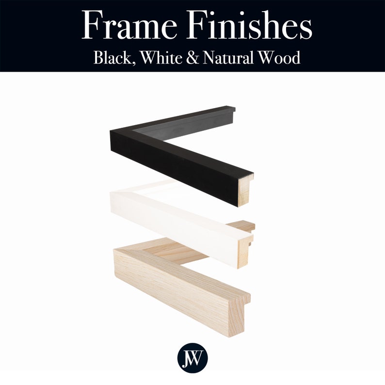 May include: Three picture frame samples in black, white, and natural wood. The frames are stacked on top of each other, with the black frame on top, the white frame in the middle, and the natural wood frame on the bottom. The frames are all the same size and shape, and they have a simple, modern design.