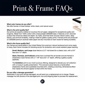 May include: Print and frame FAQs with information about frame colours, print quality, frame quality, and a damage guarantee. The text includes the words "Print & Frame FAQs".