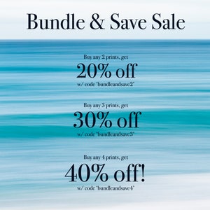 May include: A blue and white striped background with text that reads "Bundle & Save Sale". The text also includes discount offers for buying 2, 3, or 4 prints, with corresponding discount codes.