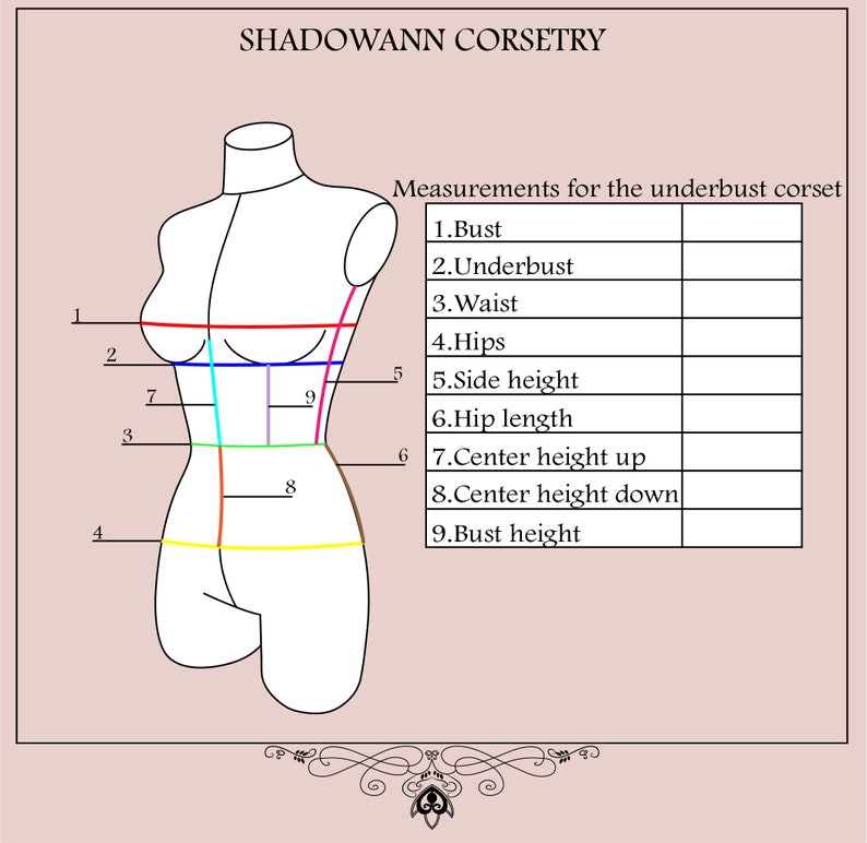 May include: Diagram showing measurements for an underbust corset. The diagram shows a female figure with nine measurements labeled: bust, underbust, waist, hips, side height, hip length, center height up, center height down, and bust height.