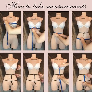 May include: Diagram showing how to take body measurements for clothing. The diagram shows a mannequin with a measuring tape around the bust, underbust, waist, hips, side height, hip length, center height up, and center height down.