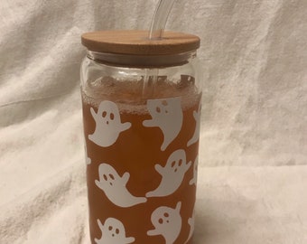 Vaso fantasma de Halloween / Vaso Libbey con tapa de bambú y pajita