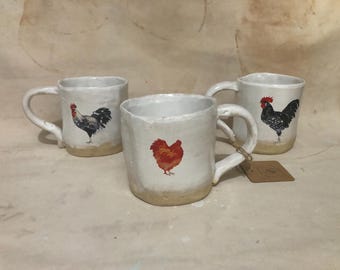 Handmade White Farmhouse Chicken Mug – Rustic Ceramic Coffee Cup | Country Kitchen Pottery | Farmhouse Decor Gift