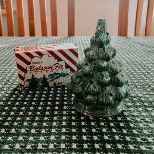 May include: A green ceramic Christmas tree incense burner with holes for incense sticks. The box reads "Paine's Balsam Fir Incense".