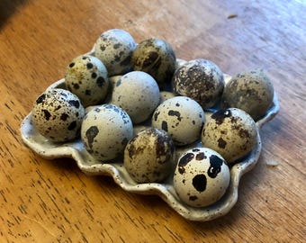 Bandeja de cerámica para huevos de codorniz hecha a mano, decoración rústica de granja.