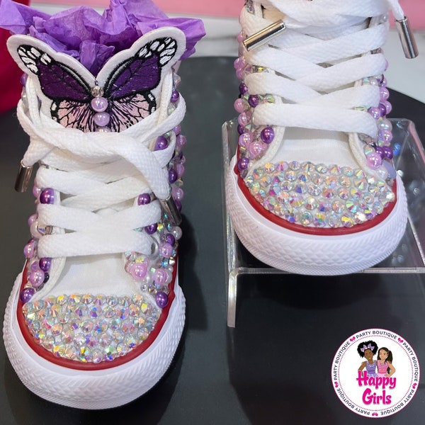Free Shipping, FREE GIFT w/purchase Purple Butterfly Girl Bedazzled Converse