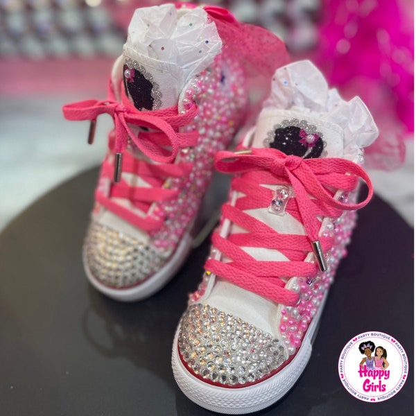 Free Shipping, FREE GIFT- Hot Pink!!! Barbs Inspired Bedazzled Converse * Pink & White Hightop Bedazzled Converse* Party Barbi Gifts