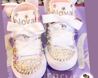 Chaussures d'anniversaire personnalisées Converse éblouissantes fantaisie arc-en-ciel, baskets de fête pour filles en strass roses