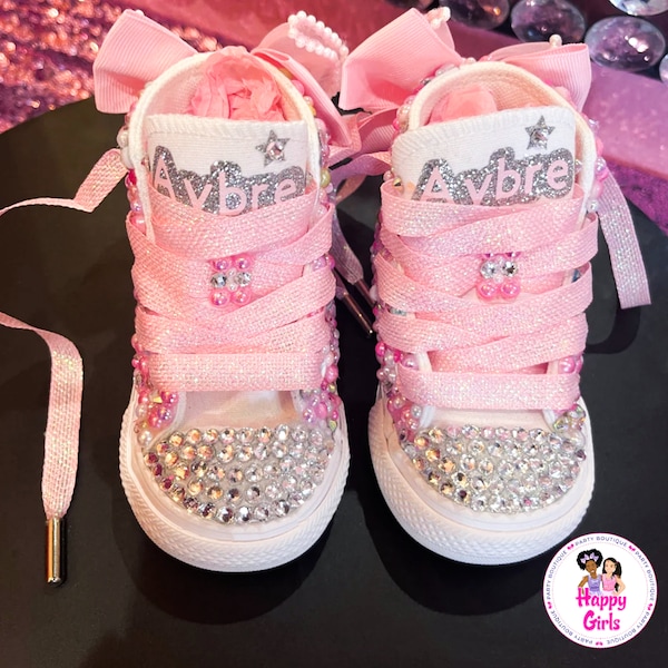 Free Shipping, FREE GIFT w/purchase Custom Pink & White Bedazzled Converse - Princess Parties, Photoshoots, and Toddler Birthdays!"