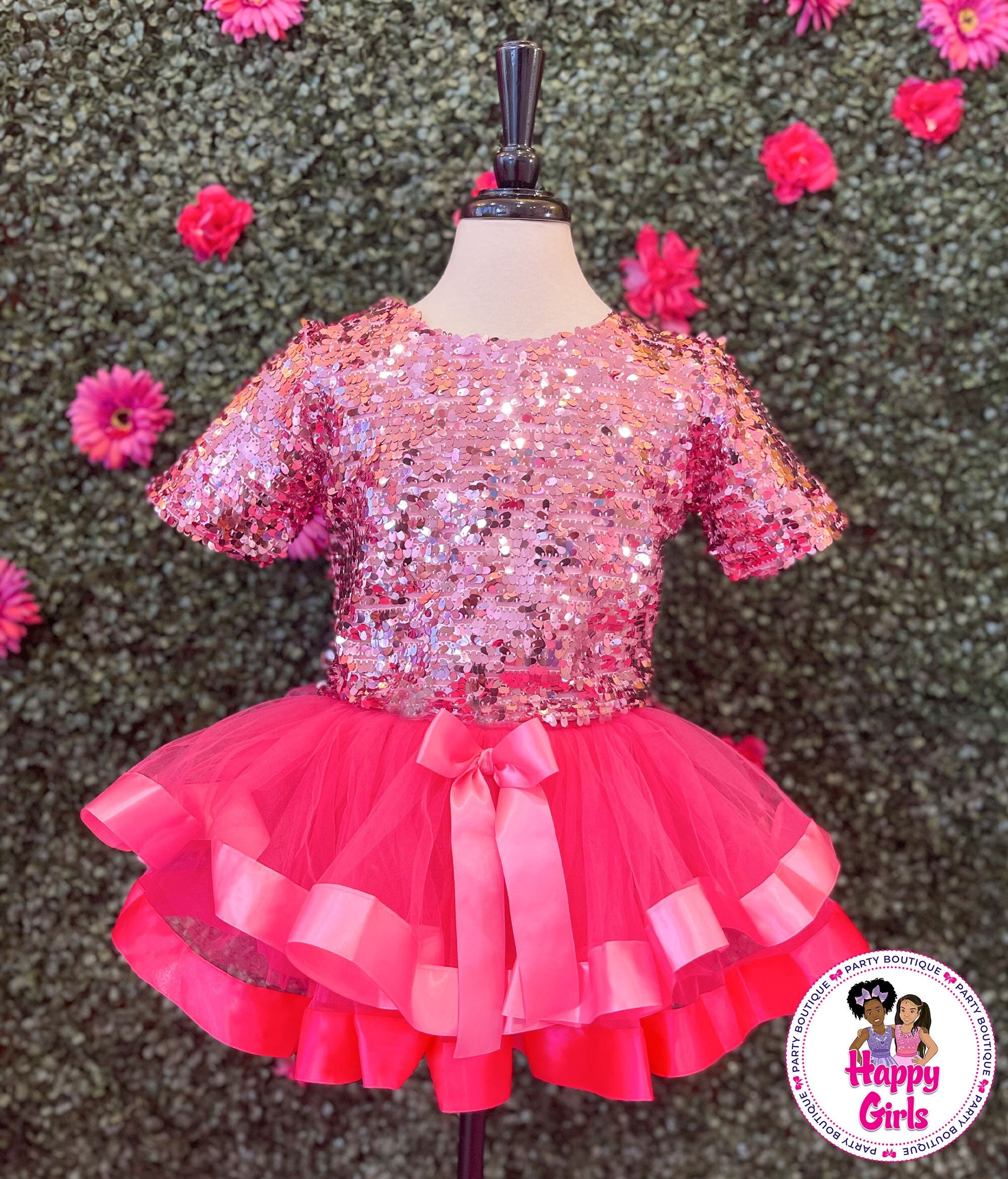 Ready to Ship Barbs Girl Sequins Hot Pink Tutu Set/ - Singapore