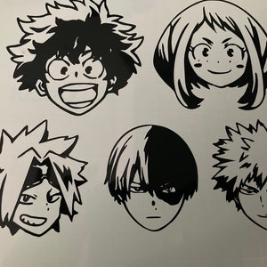 May include: Black and white cartoon illustrations of six different anime character faces. Each face has unique hairstyles and expressions, including smiles and serious looks. The images are on a white background.