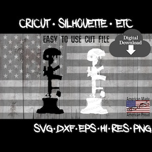 Puede incluir: Silueta en blanco y negro de un monumento a un soldado caído con un rifle, un casco y botas sobre un fondo de bandera estadounidense. El texto "CRICUT SILHOUETTE ETC EASY TO USE CUT FILE" está en la parte superior de la imagen. El texto "SVG DXF EPS HI-RES PNG" está en la parte inferior de la imagen. El texto "Descarga digital" está en una forma de nube con una flecha hacia abajo. El texto "Hecho en Estados Unidos" y "Orgulloso de ser estadounidense" está debajo de la imagen.