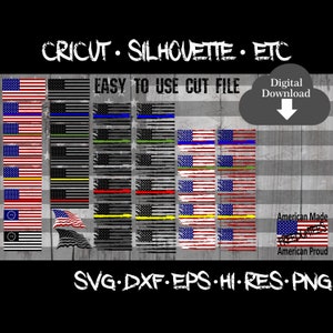 Puede incluir: Una descarga digital de 12 diseños diferentes de banderas americanas en formatos SVG, DXF, EPS y PNG. Las banderas presentan varias combinaciones de colores, incluyendo rojo, blanco, azul, negro, amarillo y verde. Los diseños son desgastados y tienen una estética grunge. El texto "CRICUT SILHOUETTE ETC" y "EASY TO USE CUT FILE" está en la parte superior de la imagen. El texto "Descarga digital" está en una forma de nube con una flecha hacia abajo. El texto "Hecho en Estados Unidos" y "Orgulloso de ser estadounidense" está en la parte inferior de la imagen.