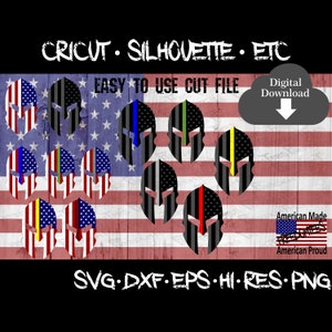 May include: A set of nine digital cut files featuring a Spartan helmet design with different color stripes representing American flags. The stripes include red, white, blue, yellow, and green. The text "CRICUT SILHOUETTE ETC" and "EASY TO USE CUT FILE" is at the top of the image. The text "Digital Download" is in a cloud shape with a downward arrow. The text "American Made" and "American Proud" is at the bottom of the image. The text "SVG DXF EPS HI-RES PNG" is at the bottom of the image.