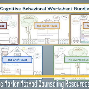 May include: A set of five printable worksheets for cognitive behavioral therapy (CBT). Each worksheet features a house with a different theme: anger, ADHD, anxiety, grief, and divorce. The worksheets are designed to help individuals identify and manage their emotions.