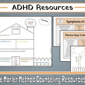 May include: Black and white printable worksheets for art therapy. The worksheets feature a house, a tree, and a fence. The text "Wishing Tree", "What is ADHD?", "Symptoms of ADHD", and "Effective Ways to Reduce ADHD Symptoms" is included. The text "The Marler Method Counseling Resources" is at the bottom of the page.
