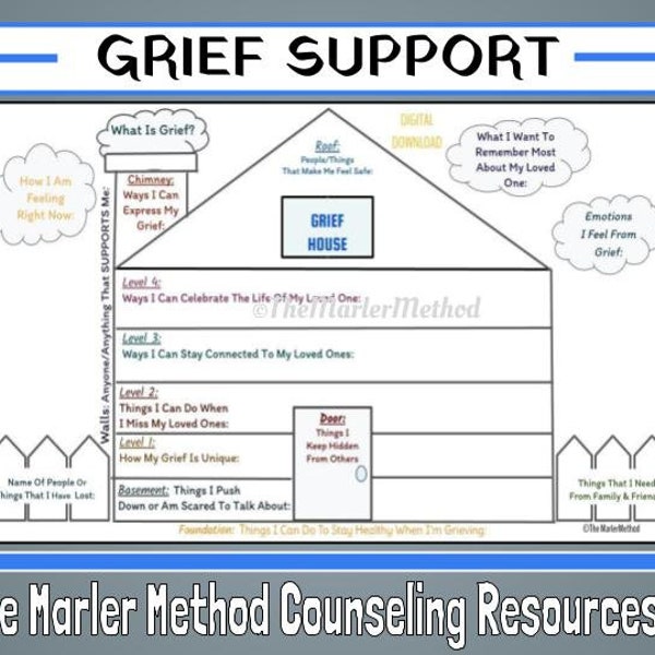 The Grief House Therapeutic Worksheet for Children & Teens To Express and Process Loss and Stages of Grief (CBT)