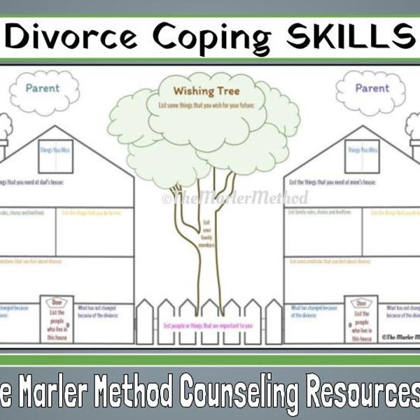 The "Two-Houses" CBT / ART Therapy Worksheet Activity for Kids Coping w Divorce, Separation, Conflict, Blended Families & Moving