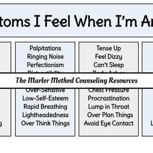 May include: A chart titled "Symptoms I Feel When I'm Anxious" lists common physical and emotional symptoms of anxiety. The chart is divided into two sections: "Symptoms" and "The Marler Method Counseling Resources".