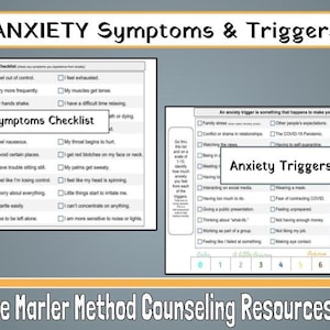Pode incluir: Lista de verificação e escala imprimíveis em preto e branco para identificar os sintomas e os gatilhos da ansiedade. A lista de verificação inclui uma lista de sintomas comuns de ansiedade, como náuseas, dificuldade em ficar quieto e se preocupar com tudo. A escala classifica a intensidade dos gatilhos da ansiedade, como o estresse familiar, falar em público e usar uma máscara.