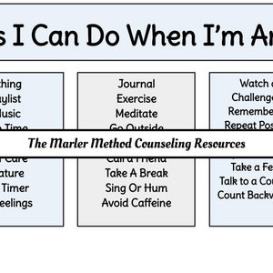May include: A chart titled "Things I Can Do When I'm Anxious" with three columns of coping mechanisms. The first column is titled "Practice Self Care" and includes the following suggestions: Listen To Nature, Set A Worry Timer, Name Your Feelings. The second column is titled "Call a Friend" and includes the following suggestions: Take A Break, Sing Or Hum, Avoid Caffeine. The third column is titled "Take a Few Deep Breaths" and includes the following suggestions: Talk to a Counselor or Teacher, Count Backwards From 100 by 5s.