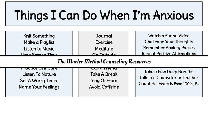May include: A chart titled "Things I Can Do When I'm Anxious" with three columns of coping mechanisms. The first column is titled "Practice Self Care" and includes the following suggestions: Listen To Nature, Set A Worry Timer, Name Your Feelings. The second column is titled "Call a Friend" and includes the following suggestions: Take A Break, Sing Or Hum, Avoid Caffeine. The third column is titled "Take a Few Deep Breaths" and includes the following suggestions: Talk to a Counselor or Teacher, Count Backwards From 100 by 5s.