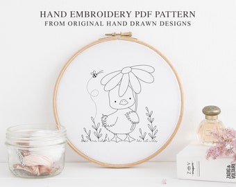 Duck Daisy Flower Hand Embroidery PDF Pattern Template, Botanical Animal Digital Stitching File, Spring Whimsical Floral Hoop Art Design