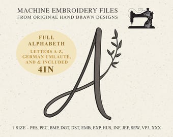 4-Zoll-Blatt MONOGRAMM Stickschrift, Alphabet ABC Stickdatei, süße botanische Buchstaben für die Hochzeit