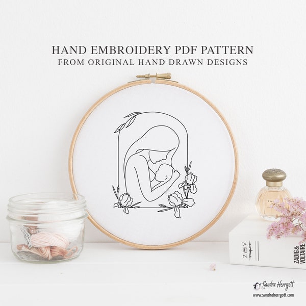 Breast Feeding Frame Hand Embroidery PDF Pattern Template, Newborn Digital Stitching File, Cute Hoop Art Design Parenthood Motherhood Child