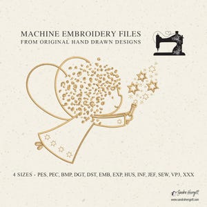 May include: Machine embroidery files featuring an angel design with curly hair and stars, rendered in gold line art. Text reads: MACHINE EMBROIDERY FILES FROM ORIGINAL HAND DRAWN DESIGNS, 4 SIZES - PES, PEC, BMP, DGT, DST, EMB, EXP, HUS, INF, JEF, SEW, VP3, XXX.