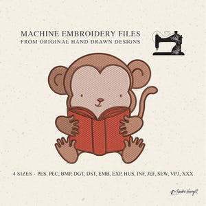 May include: Machine embroidery file featuring a brown monkey holding a red open book. Text reads: MACHINE EMBROIDERY FILES FROM ORIGINAL HAND DRAWN DESIGNS, 4 SIZES - PES, PEC, BMP, DGT, DST, EMB, EXP, HUS, INF, JEF, SEW, VP3, XXX, and Sandra Herrgott.