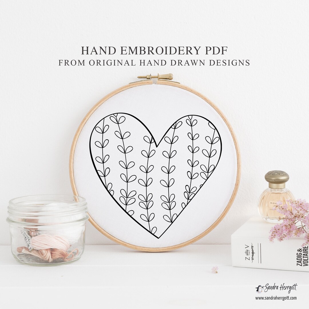 Floral Heart Hand Embroidery PDF Pattern Template, Botanical Digital ...