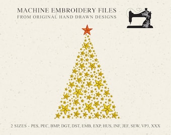 Christmas Star Tree machine embroidery design pattern file, Xmas celebration winter festive home decor design sweet fill stitch pes  pec
