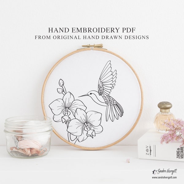 Hummingbird Orchid Flower Hand Embroidery PDF Pattern Template, Botanical Animal Digital Stitching File, Whimsical Floral Hoop Art Design