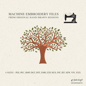 May include: Machine embroidery file design of a stylized tree with a brown trunk and green leaves. The design is available in four sizes and multiple formats, including PES, PEC, BMP, DGT, DST, EMB, EXP, HUS, INF, JEF, SEW, VP3, and XXX.