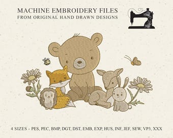 Forest Friends machine embroidery design pattern file, cute baby animal friendship hedgehog bear deer bunny bee sweet daisy flower butterfly