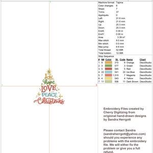 May include: A production worksheet for an embroidery design labeled "CHRISTMAS TREE 01." The design features a Christmas tree shape with the words "Joy, Hope, Love, Peace, Christmas" in various colors. The worksheet includes technical details.
