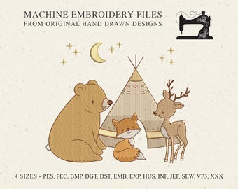 Forest Friend Tepee Tent machine embroidery design pattern file, cute baby animal friendship bear deer fox woodland moon star child nursery