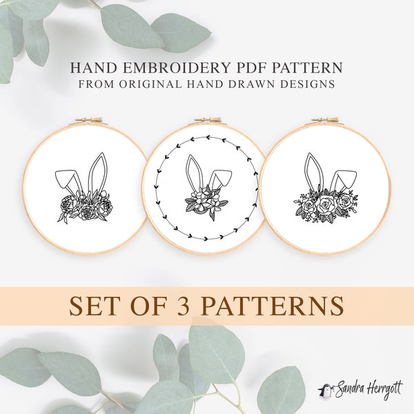 Floral Bunny Ears Set of 3 Hand Embroidery PDF Pattern Template, Easter Rabbit Digital Stitching File, sweet Animal Hoop Art Nursery Design