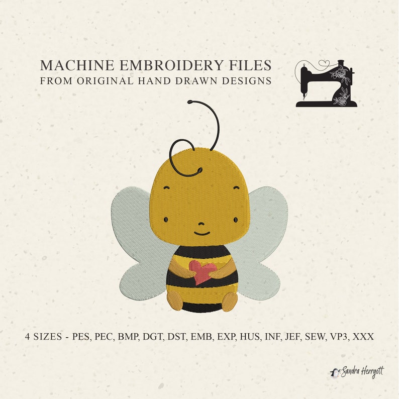May include: A digital embroidery file featuring a cartoon bee holding a heart. The bee is yellow and black with light blue wings. The image includes the text "MACHINE EMBROIDERY FILES FROM ORIGINAL HAND DRAWN DESIGNS".